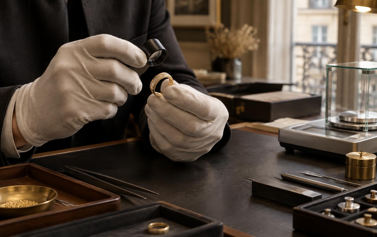 Expert examinant une bague à la loupe